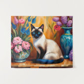 シャム猫と花瓶の水彩画 タペストリー (正面(横))