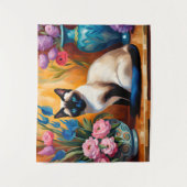 シャム猫と花瓶の水彩画 タペストリー (正面)