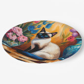 シャム猫と花瓶の水彩画 ペーパープレート (アングル)