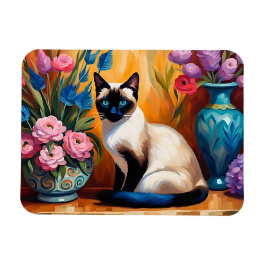 シャム猫と花瓶の水彩画 マグネット (横)
