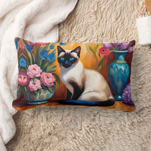 シャム猫と花瓶の水彩画 ランバークッション (ブランケット)