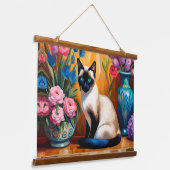 シャム猫と花瓶の水彩画 吊り下げ型タペストリー (傾斜あり)