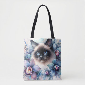 シャム猫と蘭の花 水彩画 トートバッグ