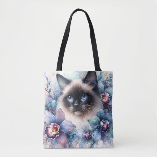 シャム猫と蘭の花 水彩画 トートバッグ (正面)