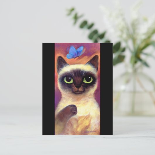 シャム猫と蝶のアート - マルチ ポストカード (スタンド正面)