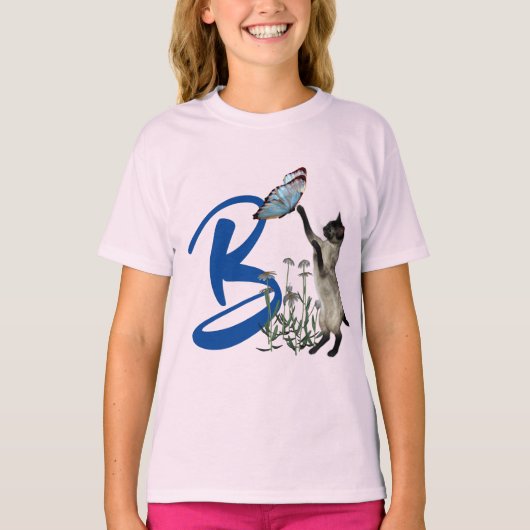 シャム猫と蝶のモノグラムイニシャルB  Tシャツ (正面)