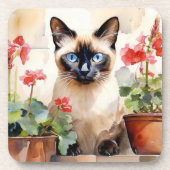 シャム猫と赤いゼラニウムの水彩画が可愛いコースター コースター (正面)