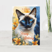 シャム猫と黄色オレンジの花 誕生日おめでとう カード (正面)