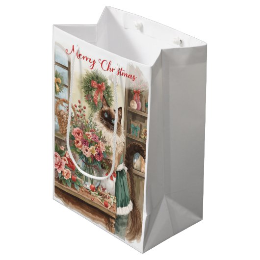 シャム猫による花屋さんのテーマの猫クリスマス ミディアムペーパーバッグ (正面アングル)