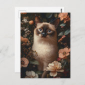 シャム猫に囲まれた赤面ピンクの花 ポストカード (正面/裏面)