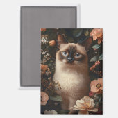 シャム猫に囲まれた赤面ピンクの花 マグネット (正面/裏面)