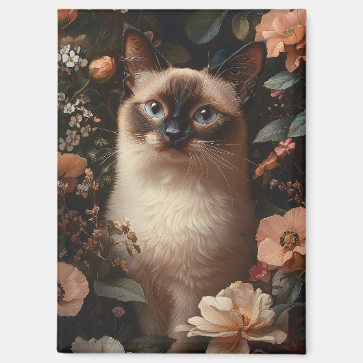 シャム猫に囲まれた赤面ピンクの花 マグネット (正面)