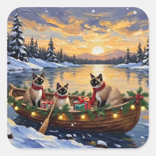 シャム猫のクリスマスボート ホリデー スクエアシール (正面)