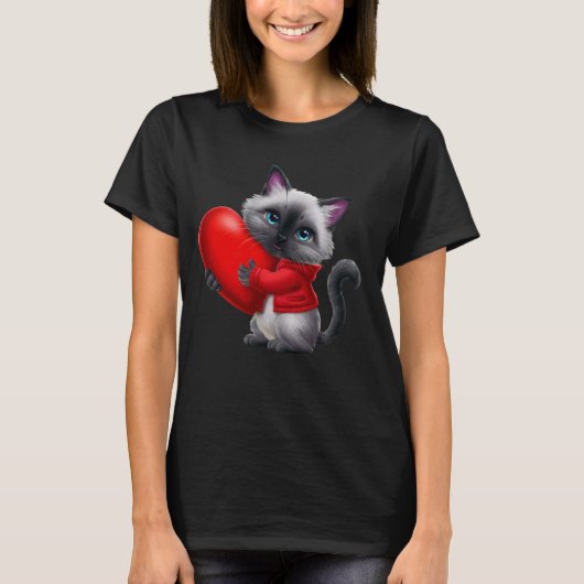 シャム猫のデザイン 赤いハートを抱きしめる Tシャツ (正面)