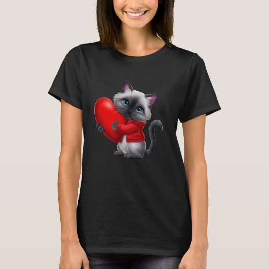 シャム猫のデザイン 赤いハートを抱きしめる Tシャツ (正面)