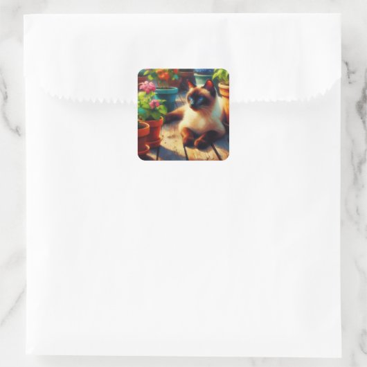 シャム猫の庭の油絵 スクエアシール (バッグ)