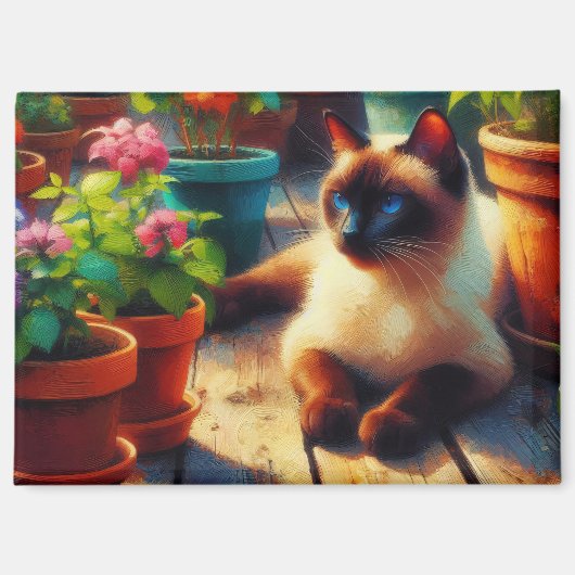 シャム猫の庭の油絵 マグネット (正面)