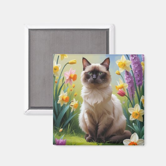 シャム猫の春の花の絵画 マグネット (正面/裏面)