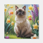 シャム猫の春の花の絵画 マグネット (正面)