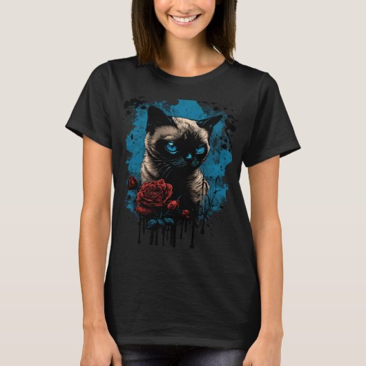 シャム猫の赤いバラ Tシャツ (正面)
