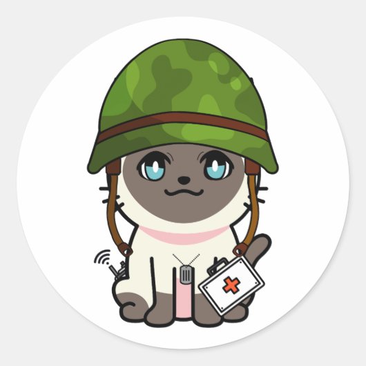 シャム猫の軍用ヘルメット着用 ラウンドシール (正面)