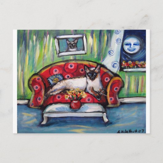 シャム猫は月猫の笑顔を感絵を描じる ポストカード (正面)