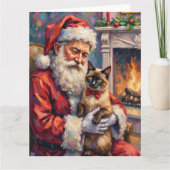 シャム猫を抱くサンタクロースのクリスマスアート カード (正面)