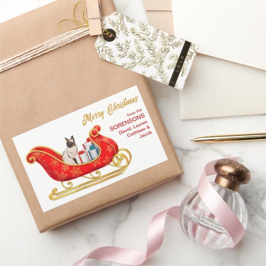 シャム猫クリスマスギフトスそり 長方形シール (ギフト)