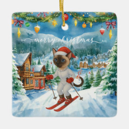 シャム猫サンタのスキークリスマス セラミックオーナメント