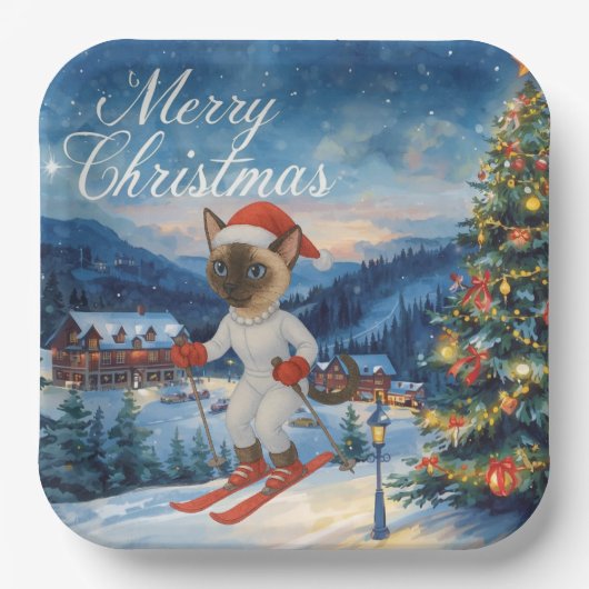 シャム猫サンタのスキークリスマス ペーパープレート (正面)