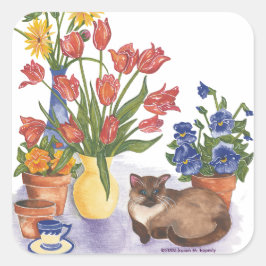 シャム猫チューリップ水彩画「チェスター」 スクエアシール