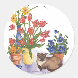 シャム猫チューリップ水彩画「チェスター」 ラウンドシール