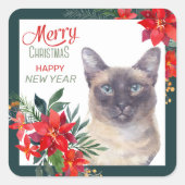 シャム猫ポインセチア縁どスクリスマス スクエアシール (正面)