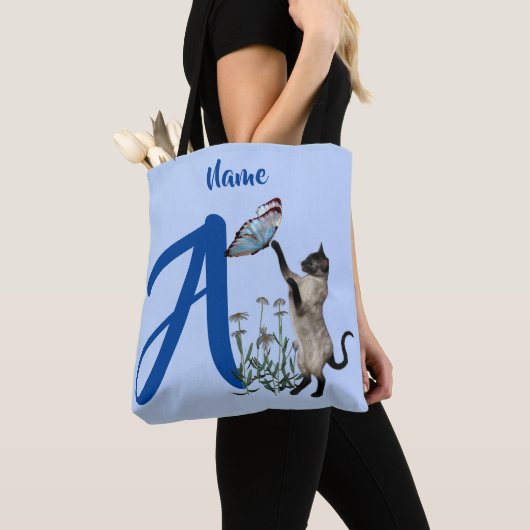 シャム猫モノグラムイニシャルA 名前入り トートバッグ (クローズアップ)