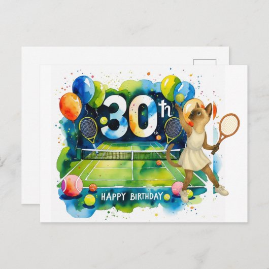 シャム猫好きのためのテニス30歳誕生日 ポストカード (正面/裏面)