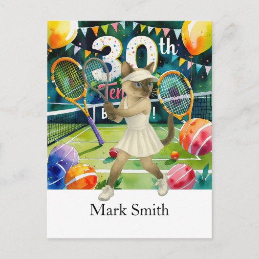 シャム猫好きのためのテニス 30歳誕生日パーティー ポストカード (正面)