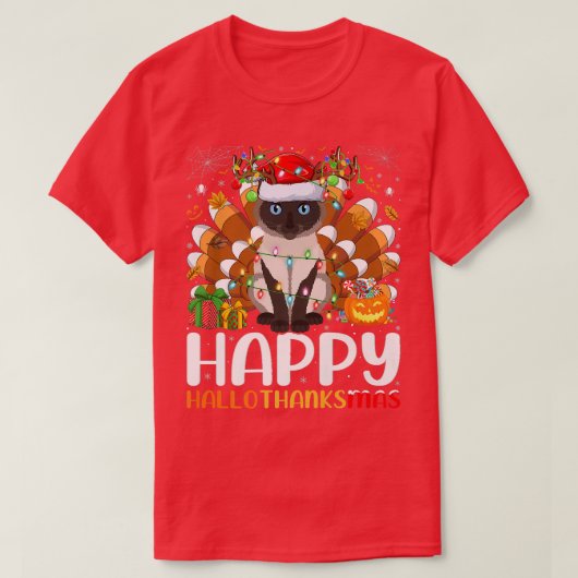 シャム猫好きハロウィンクリスマスハッピーハロー Tシャツ (デザイン正面)