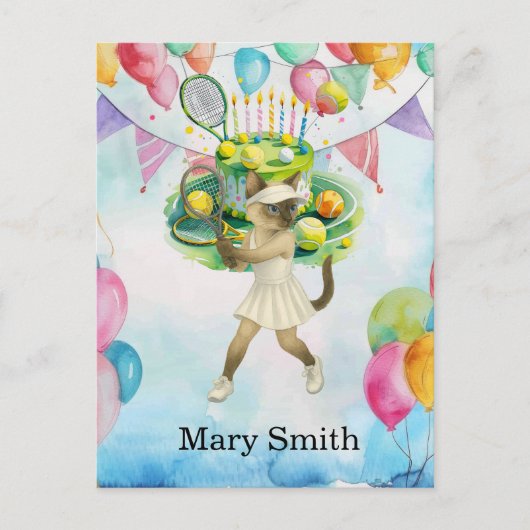 シャム猫愛好家のためのテニス誕生日テーマ ポストカード (正面)