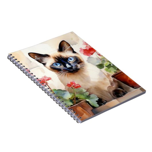 シャム猫赤い花お洒落かわいい水色 ノートブック (右側)
