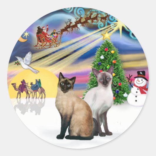 シャム猫2匹 - Xmas Magic (R) ラウンドシール (正面)