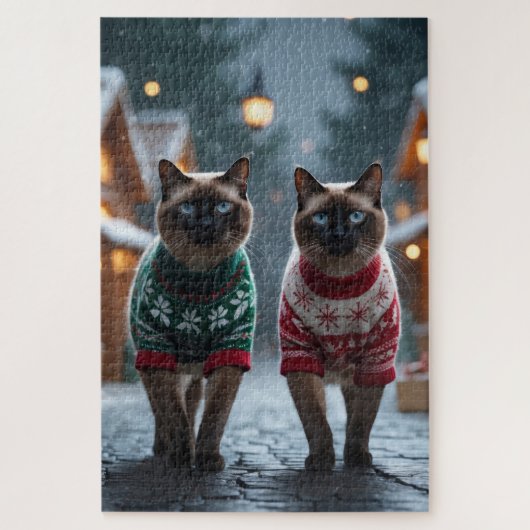 シャム猫 クリスマス スノー ホリデー ジグソーパズル (縦)