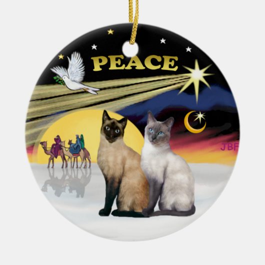 シャム猫 (チョコレートポイント+ブルーポイント) とクリスマスの鳩 セラミックオーナメント (正面)