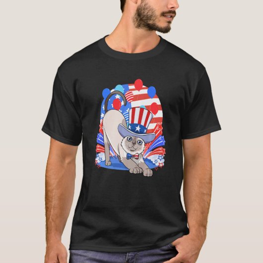 シャム猫 メリカ 7月4日 アメリカ愛国心 Tシャツ (正面)
