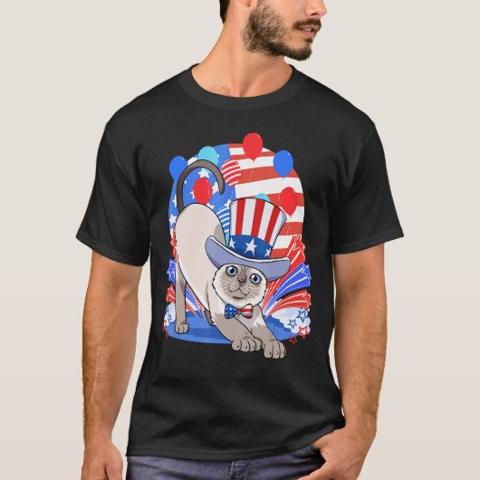 シャム猫 メリカ 7月4日 アメリカ愛国 Tシャツ (正面)