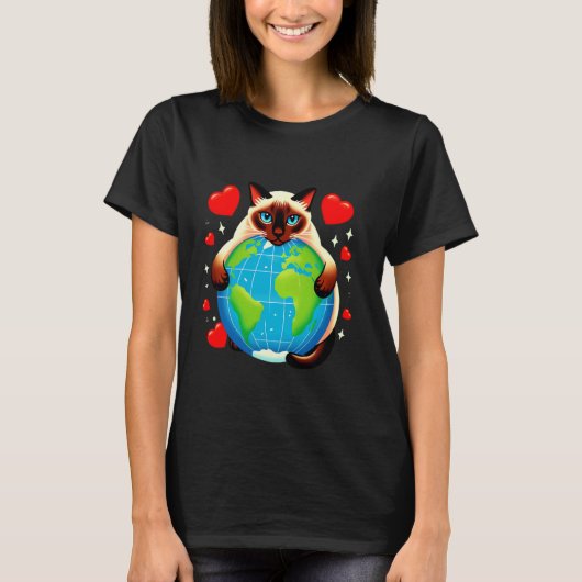 シャム猫 地球の日 ハグ 愛する飼い主 地球愛好家 Tシャツ (正面)