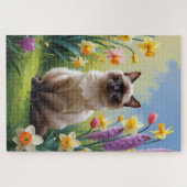 シャム猫 春の花の絵 ジグソーパズル (横)