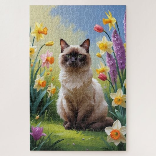 シャム猫 春の花の絵 ジグソーパズル (縦)