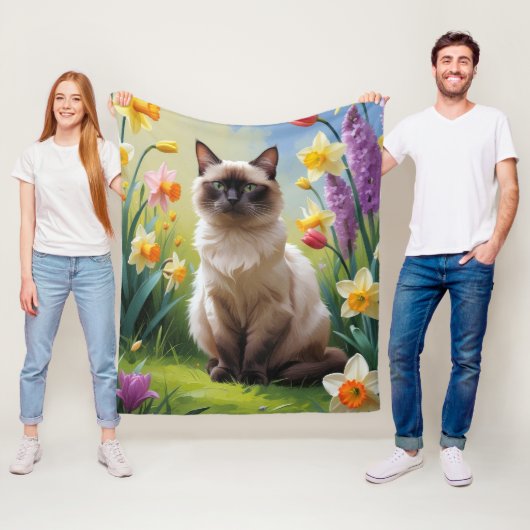 シャム猫 春の花の絵 フリースブランケット (インサイチュ)