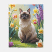 シャム猫 春の花の絵 フリースブランケット (正面)