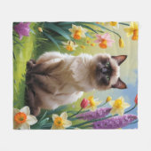 シャム猫 春の花の絵 フリースブランケット (正面(横))